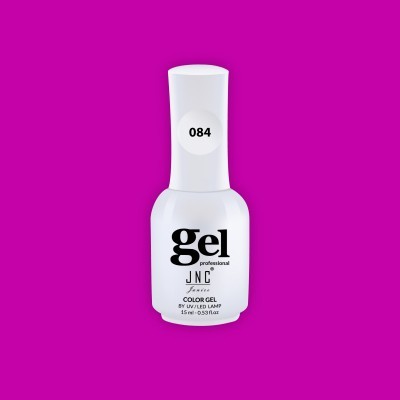 Frasco branco de gel para unhas com etiqueta preta e número 084 sobre fundo roxo