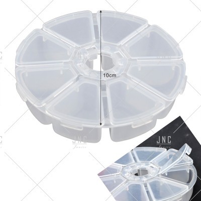 Caixa organizadora circular transparente com 8 compartimentos e tampa articulada