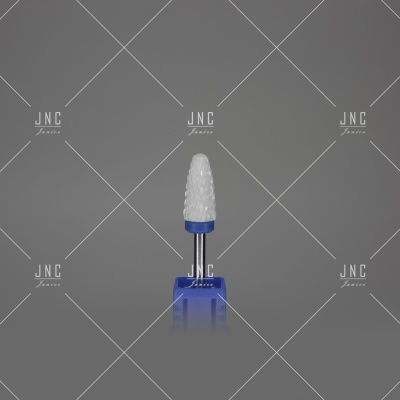 Broca para unhas cerâmica branca com base azul sobre fundo cinzento