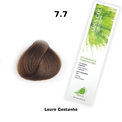 Amostra de cabelo castanho louro e embalagem de tinta de cabelo MissCol