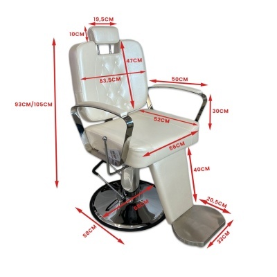 Cadeira de barbeiro branca com apoio de cabeça e pés, braços cromados e base redonda preta com medidas em cm