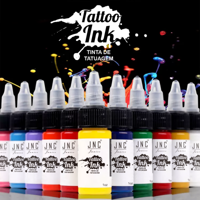 Fila de frascos coloridos de tinta para tatuagem Tattoo Ink