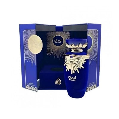 frasco de perfume azul escuro com caixa azul e detalhes dourados