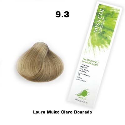 Mostruário de cor de cabelo Louro Muito Claro Dourado nº 9.3 com embalagem branca e verde da Miss Col