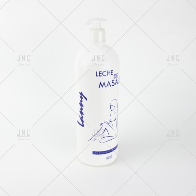 Frasco branco de leite de massagem com tampa de bomba e texto azul