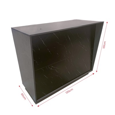 Móvel preto com padrão mármore branco, dimensões indicadas, fundo branco