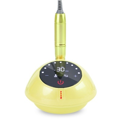 Equipamento elétrico amarelo com base arredondada e mostrador digital