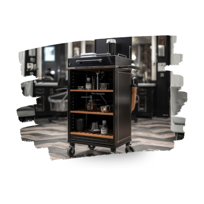 Carrinho de salão em metal preto e madeira com utensílios de barbearia em ambiente profissional.