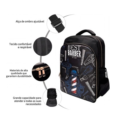 Mochila preta com estampa de barbeiro e texto BEST BARBER