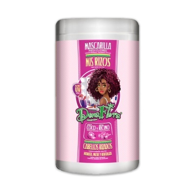 Máscara capilar para cabelos ridados com embalagem rosa e branca e ilustração de mulher cacheada