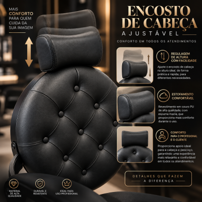 Encosto de cabeça ajustável para cadeira de couro preto com estofamento acolchoado e decoração em botões