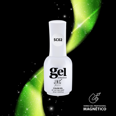 Frasco branco de verniz gel profissional magnético com texto e moldura verde brilhante
