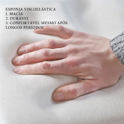 Mão pressionando esponja viscoelástica branca com texto explicativo ao lado