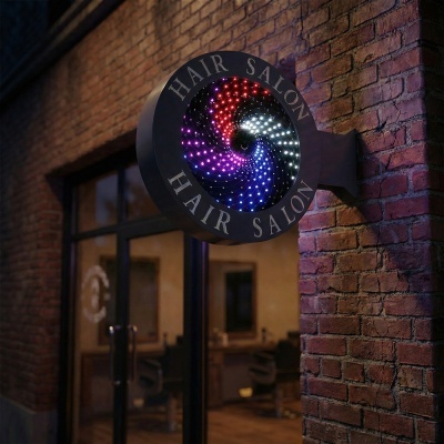 Sinal circular luminoso com HAIR SALON numa parede de tijolos junto a uma porta de vidro