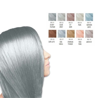 Mulher com cabelo prateado liso ao lado de uma paleta de cores de cabelo numeradas e nomeadas