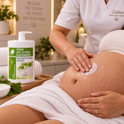 Frasco de creme anti-estrias ao lado de mulher grávida numa clínica estética