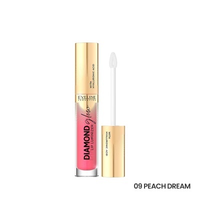 Gloss labial rosa pêssego com embalagem dourada e aplicador branco