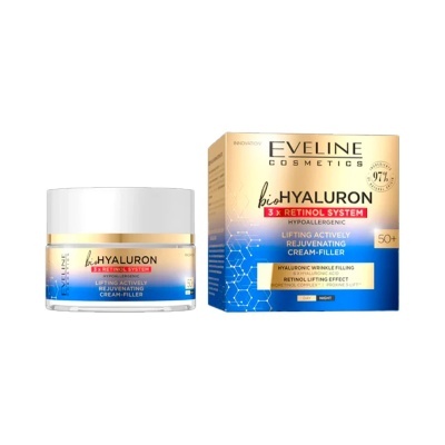 Creme facial Eveline Cosmetics bioHyaluron 3x Retinol System em embalagem azul, branco e dourado