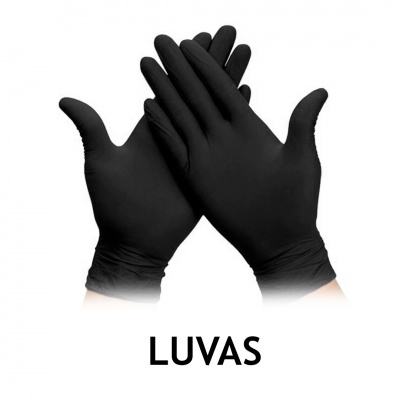 Par de luvas pretas sobre fundo branco com texto 'LUVAS'