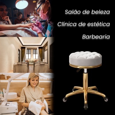 Banco giratório branco com base dourada e rodízios, imagens de profissionais em salão de beleza.