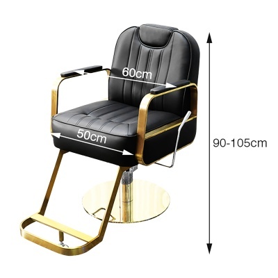 Cadeira de cabeleireiro preta com estrutura dourada e base redonda.