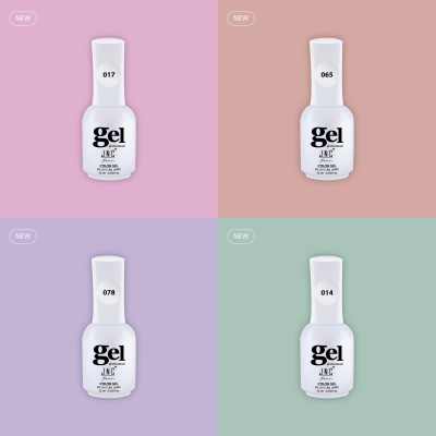 Quatro frascos de verniz gel JNC com etiquetas 017, 065, 078, 014 em fundos coloridos pastel
