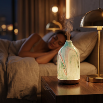 Difusor de aroma marmorizado em tons verdes ao lado de cama com pessoa a dormir.