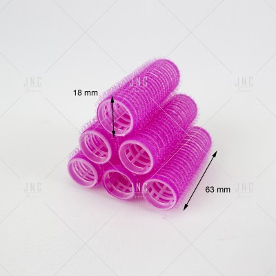 Seis caracóis de cabelo rosa em plástico com textura adesiva, medidas 63x18 mm