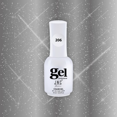 Frasco branco de verniz gel JNC número 206 com fundo cinzento brilhante