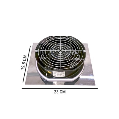 Exaustor preto com grelha prateada sobre base prateada, dimensões 19,5 CM e 23 CM
