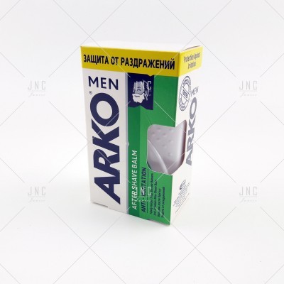Caixa de bálsamo pós-barba ARKO MEN em embalagem de cartão branco, verde e amarelo