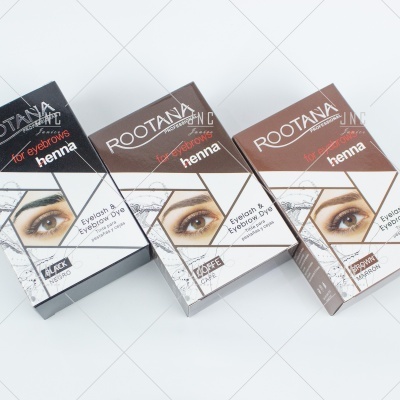Três caixas de tinta para sobrancelhas ROOTANA, nas cores preto, café e castanho.