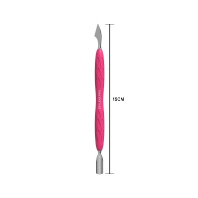 Ferramenta de manicure rosa com duas pontas metálicas e 15 cm de altura