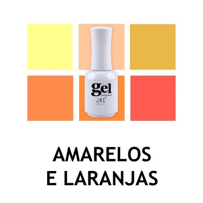 Verniz gel branco com paleta de amarelos e laranjas e texto 'AMARELOS E LARANJAS'