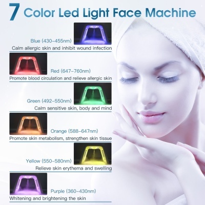 Máquina facial com luz LED de 7 cores e mulher com toalha na cabeça