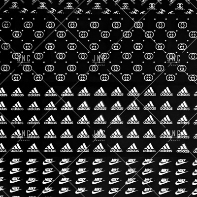 Padrões têxteis com logos de Chanel, Gucci, Adidas e Nike em preto e branco em faixas horizontais