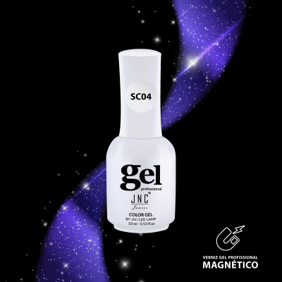 Frasco branco de verniz gel profissional com texto SC04 e fundo espacial roxo