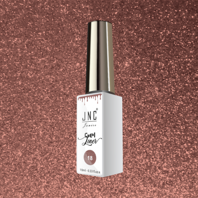 Frasco branco de verniz gel JNC Gel Liner 18 com tampa prateada sobre fundo rosa metalizado