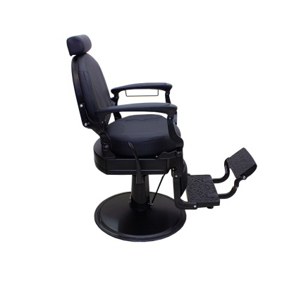 Cadeira de barbeiro preta com base redonda, estofado em couro sintético e descanso de pés