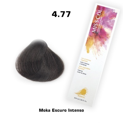 Caixa de tinta de cabelo MISS COL com amostra de cabelo na cor Moka Escuro Intenso