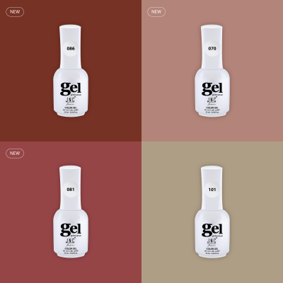 Quatro frascos de verniz gel JNC Professional em diferentes tons e fundos coloridos
