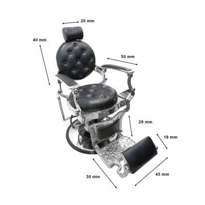 Cadeira de barbeiro preta com estrutura cromada e medidas indicadas.