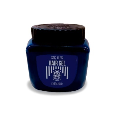 Frasco azul escuro de gel de cabelo com tampo preto e rótulo branco