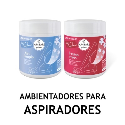 Frascos de ambientadores para aspiradores com rótulos azul e vermelho da marca Ambar perfumes