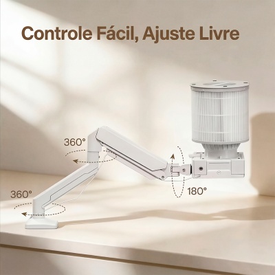 Suporte articulado branco ajustável com texto Controle Fácil, Ajuste Livre