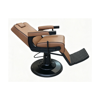 Cadeira de barbearia castanha reclinável com base preta e apoio para pés