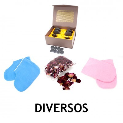 Conjunto spa com pedras basalto, pétalas secas, luvas azul rosa, palavra 'DIVERSOS'