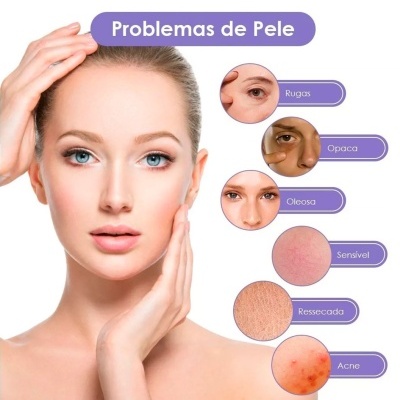 Mulher com problemas de pele exibidos em círculos com texto