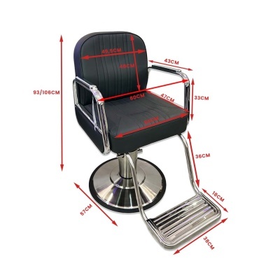 Cadeira de barbeiro preta com base metálica redonda e medidas indicadas
