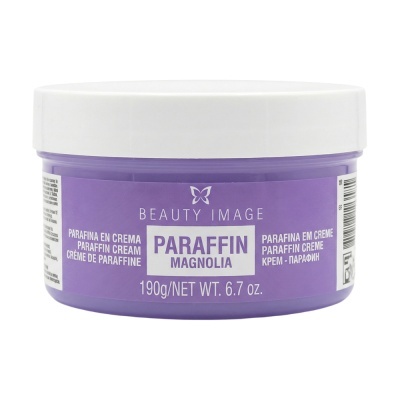 Recipiente plástico roxo com creme de parafina magnólia e tampa branca.